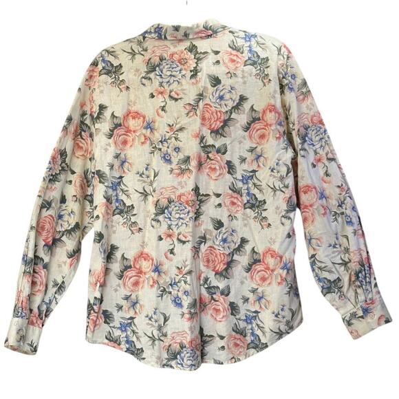 VGT Talbots Womens M Cream Rose Print Linen Blend Long Sleeves Cottage Core - Picture 2 of 6